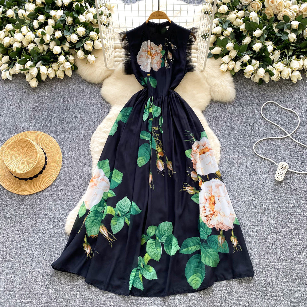 High-end women's dress:  summer collection - sophisticated, niche design, slimming, printed maxi dress with a cinched waist and flowing skirt