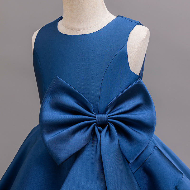 Ready-to-ship cross-border girls' formal dress, round neck vest, navy blue bow, satin dress, european and american style flower girl evening gown