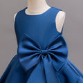 Ready-to-ship cross-border girls' formal dress, round neck vest, navy blue bow, satin dress, european and american style flower girl evening gown