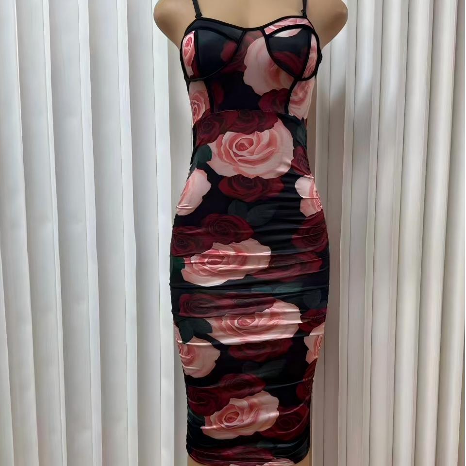 Sexy tube top off shoulder dress pure desire wind suspender floral hip skirt rose print slim waist skirt wholesale