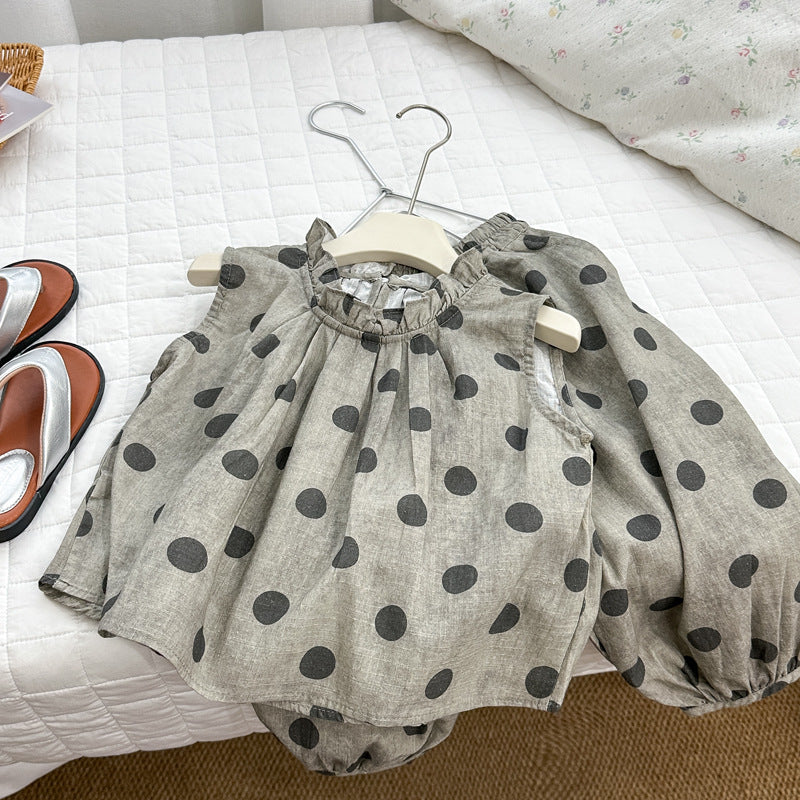 [summer clothing big sale free shipping] girls polka dot cotton and linen suit  summer new fashion little girls style two