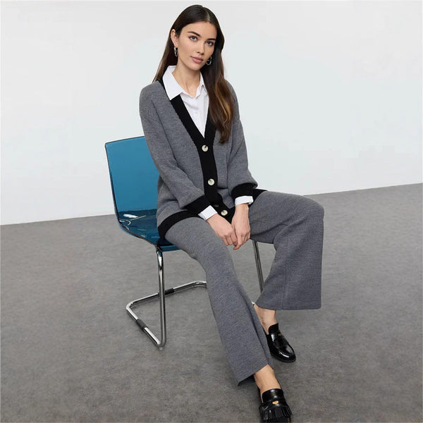 New   casual women's clothing color matching long-sleeved button sweater cardigan trousers fashion suit contrasting suit