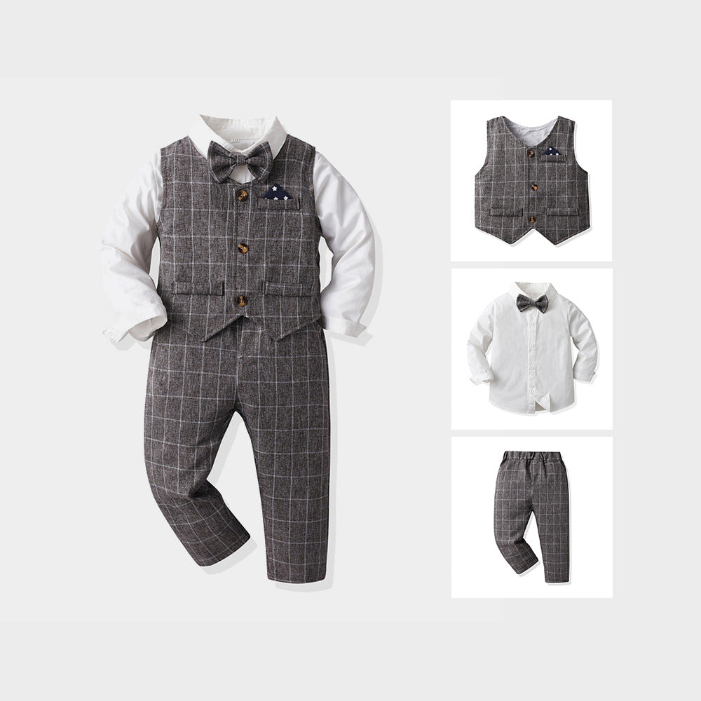 Wholesale branded children's clothing: spring/autumn boys' gentleman's suit, shirt, and vest three-piece set – stylish and fashionable for boys