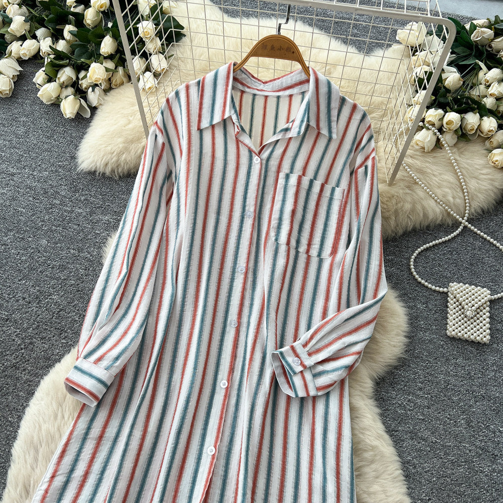 Korean style retro loose striped shirt dress - summer long sleeve a-line midi dress - chic workwear outfit
