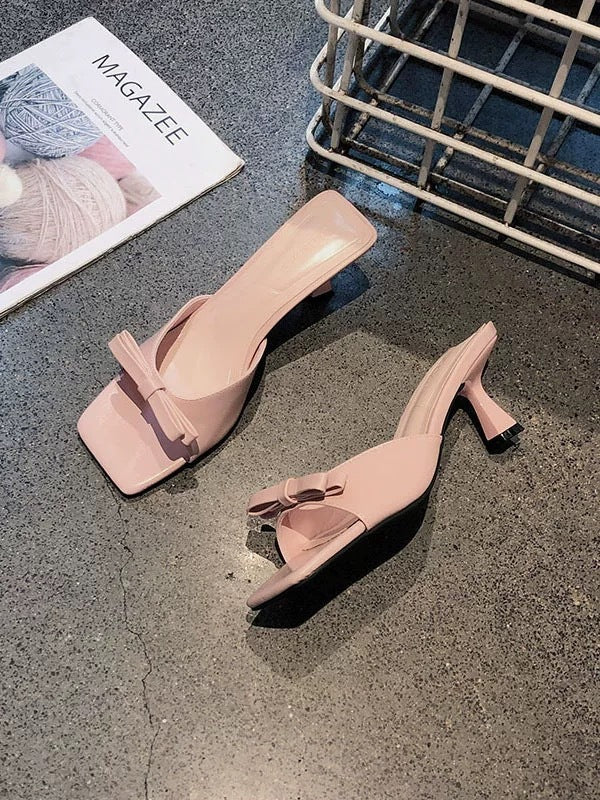 French square toe small sandals thin heel high heels women 2025 summer new arrival bows one-line slippers half slippers
