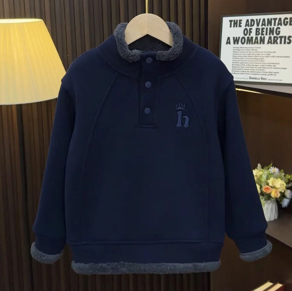 Boys' fall/winter minimalist korean style fashion fleece-lined warm sweatshirt  new arrival, mid-to-large size pullover casual top