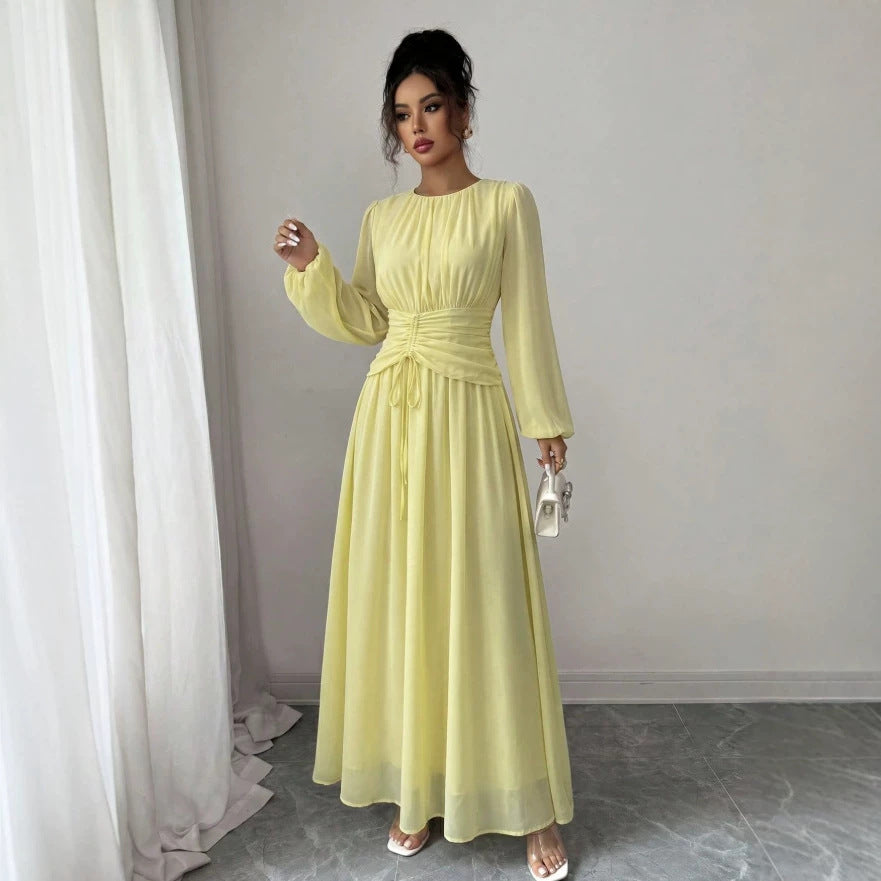 European and american cross-border  french long gown - round neck, loose fit, lantern sleeves, soft korean style, overseas fashion