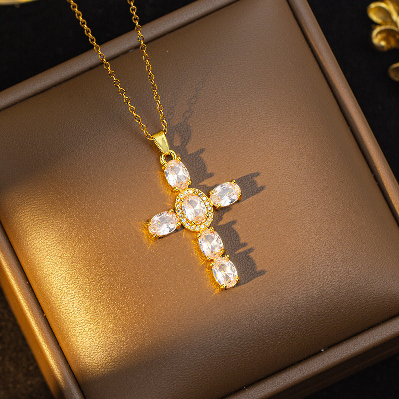 【titanium steel】cross-border fashionable colorful zircon cross necklace for women - high-end, light luxury sweater chain jewelry