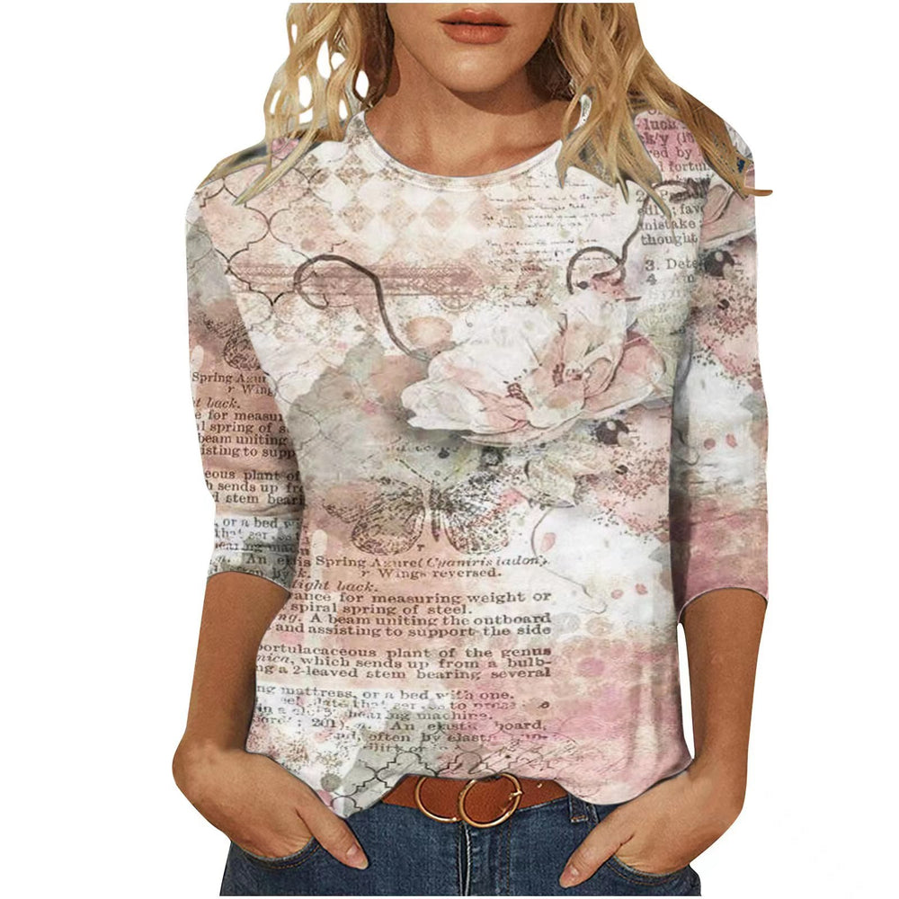 cross-border  women's casual printed crew neck 3/4 sleeve t-shirt top - in stock