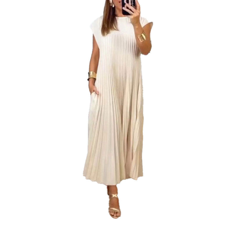 summer new arrivals: women's clothing - cross-border european & american style - elegant & fashionable round neck sleeveless pleated maxi dress