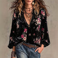 European and american retro style plus size women's blouse - black floral print v-neck lace trim lantern sleeve top