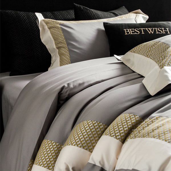Premium modern light luxury 100s Xinjiang cotton four-piece set of simple luxury aesthetics contrasting color splicing high-end bedding