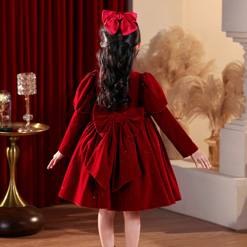 Girl red dress festive new year's greetings short high collar chinese style new chinoiserie princess dress new year clothes winter