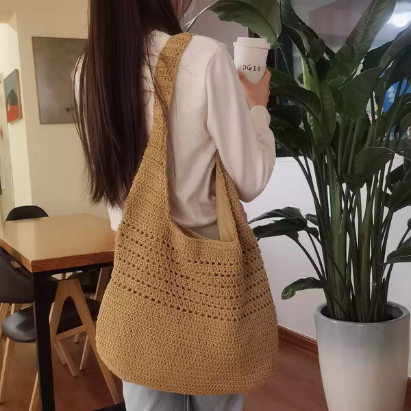 Summer cotton thread woven bag women's 2025 new seaside vacation beach bag large-capacity commuter shoulder tote bag