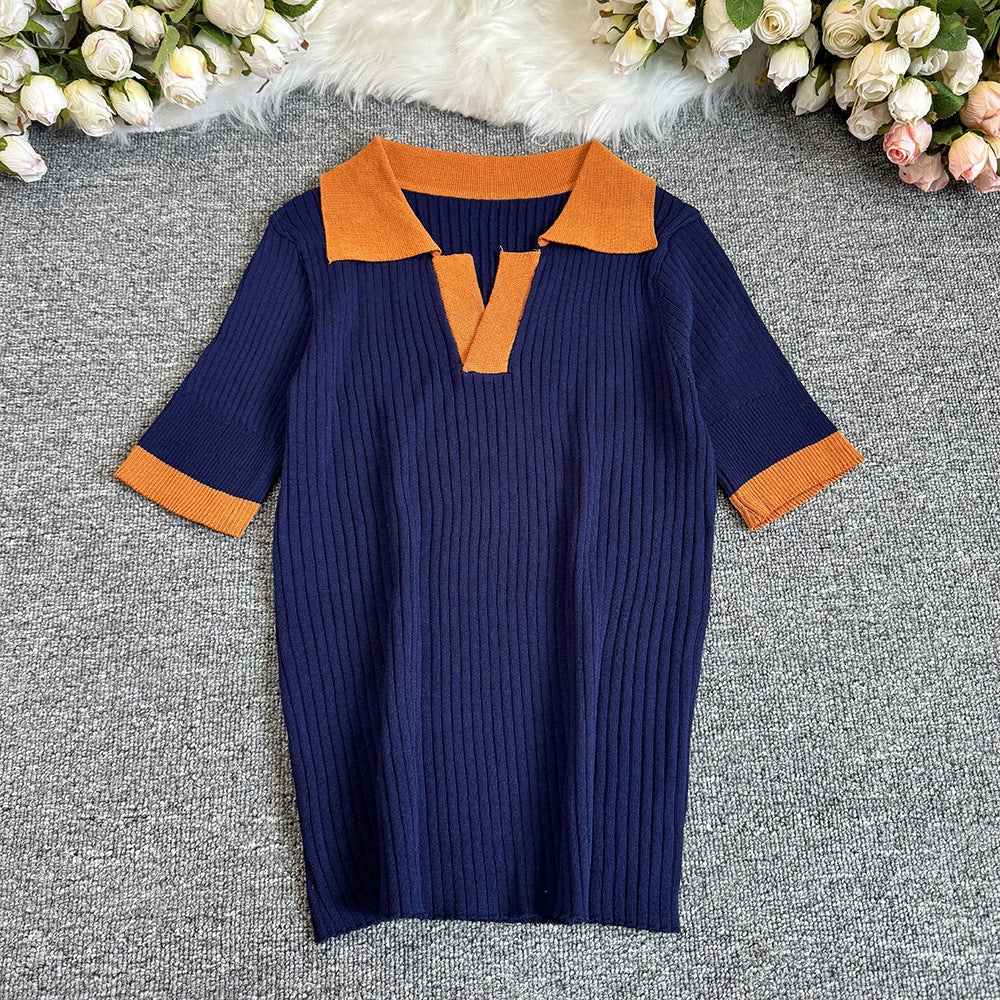 French polo collar color block knit top - women's summer slim fit short sleeve lightweight knit t-shirt - trendy outerwear