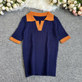 French polo collar color block knit top - women's summer slim fit short sleeve lightweight knit t-shirt - trendy outerwear