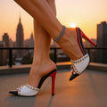 2026 new european and american style pointed-toe stiletto heel rivet color block peep-toe sandals women's fashion high heels for outdoor wear