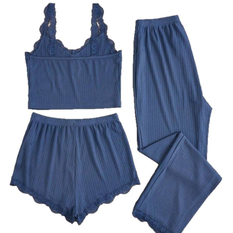 cross-border hot seller: new summer lace trim cami top, shorts, and long-sleeve women's pajama three-piece set - perfect for loungewear or light outings