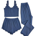 cross-border hot seller: new summer lace trim cami top, shorts, and long-sleeve women's pajama three-piece set - perfect for loungewear or light outings