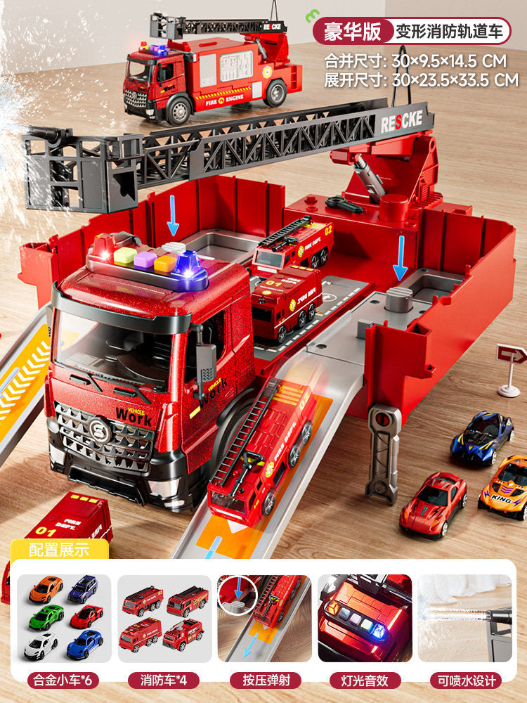 Sam's club style rescue fire truck - multifunctional parking garage with storable water spray, ejection ladder, and police car toy