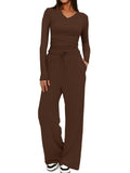 2025 cross-border fashion amazon new product pure color casuallong sleevesv necksuittopshigh waistloose pants shipping
