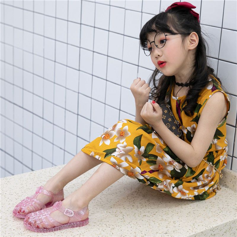 new summer closed-toe women's hollow-out sandals, fine glitter flat crystal roman sandals, jelly shoes, rain boots, kids' shoes
