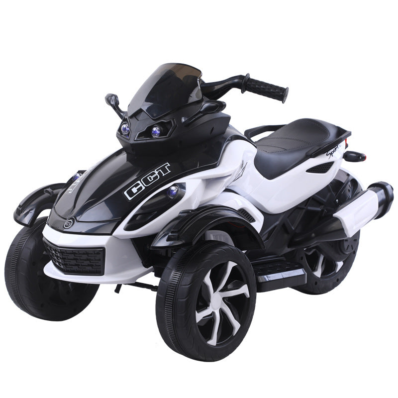 Four-wheeled shock absorption children's electric three-wheeled motorcycle, dual-drive dual-electric LED lighting, early education electric three-wheeled motorcycle