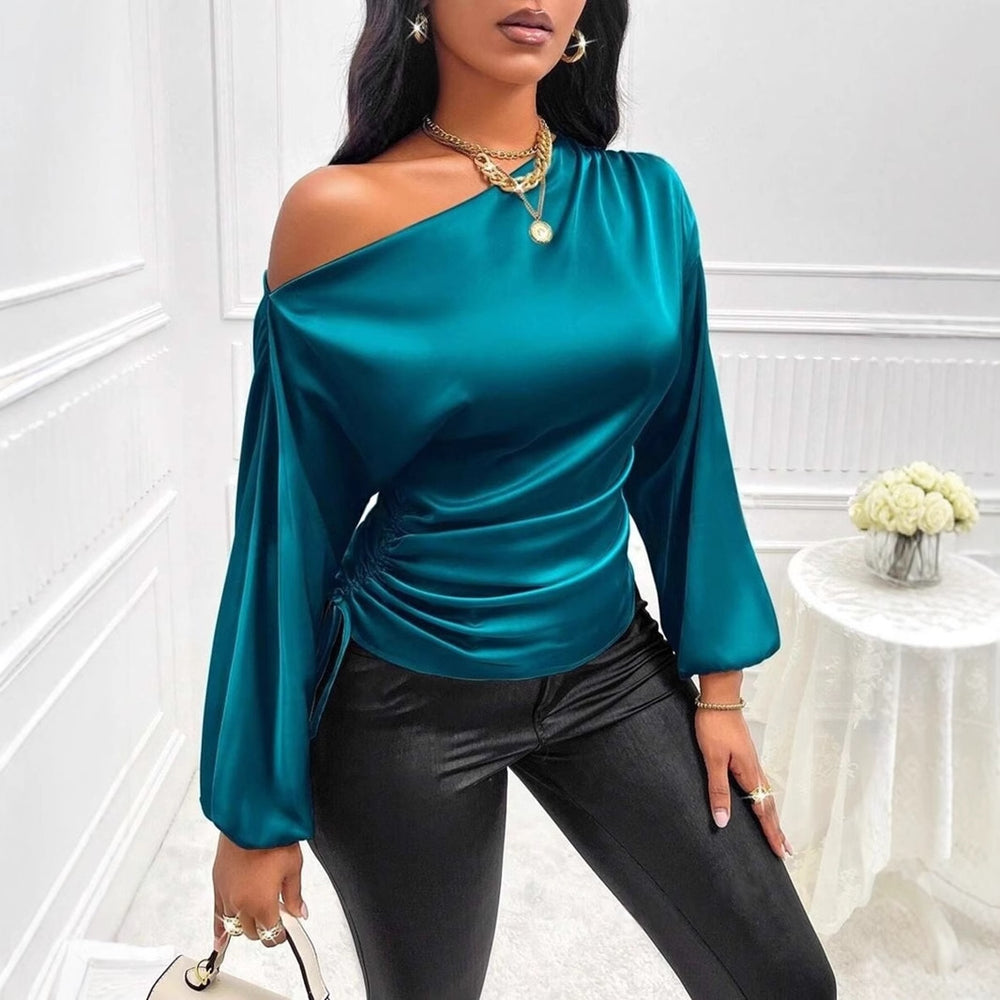 Amazon cross-border fashion new women's satin blouse - spring/summer asymmetrical long sleeve slant neck shirt top