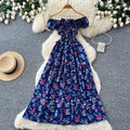 French sweet style square neck floral dress women's summer korean style ruched waist tie-up a-line elegant maxi dress - red