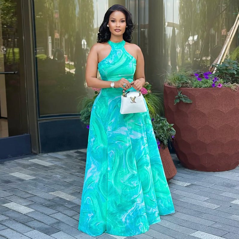 European and american style ins foreign trade elegant women's workwear printed streetwear a-line dress round neck ruched sleeveless maxi dress