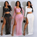 C6861 cross-border   fashion women's solid color mesh rhinestone long sleeve maxi dress two-piece set