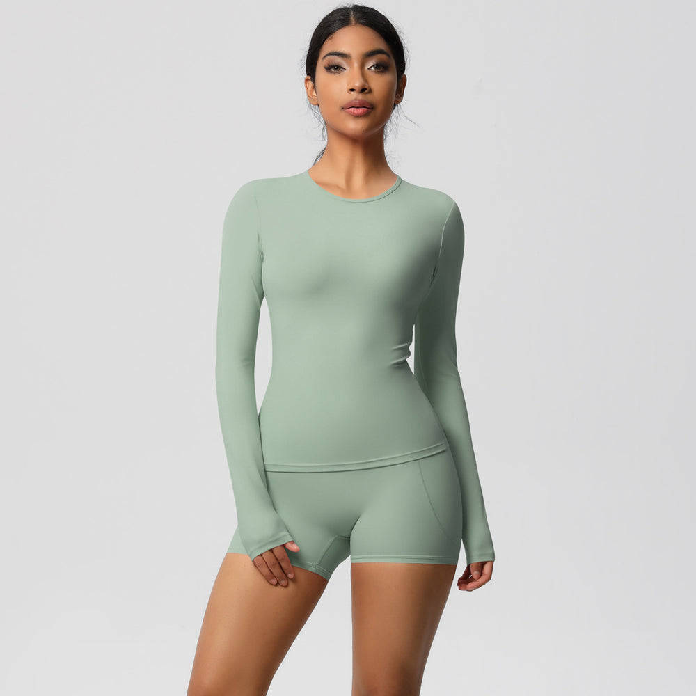 European and american solid color slim-fit long sleeve t-shirt yoga outfit set - high-waisted, barely-there feel, quick-dry activewear two-piece set for running and fitness