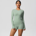 European and american solid color slim-fit long sleeve t-shirt yoga outfit set - high-waisted, barely-there feel, quick-dry activewear two-piece set for running and fitness