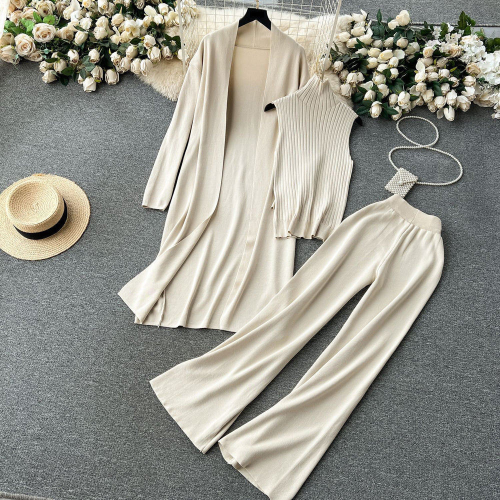 fashionloosecasualknittingsuit women's long shawl cardigan + turtleneck sweater + loose pants three-piece set