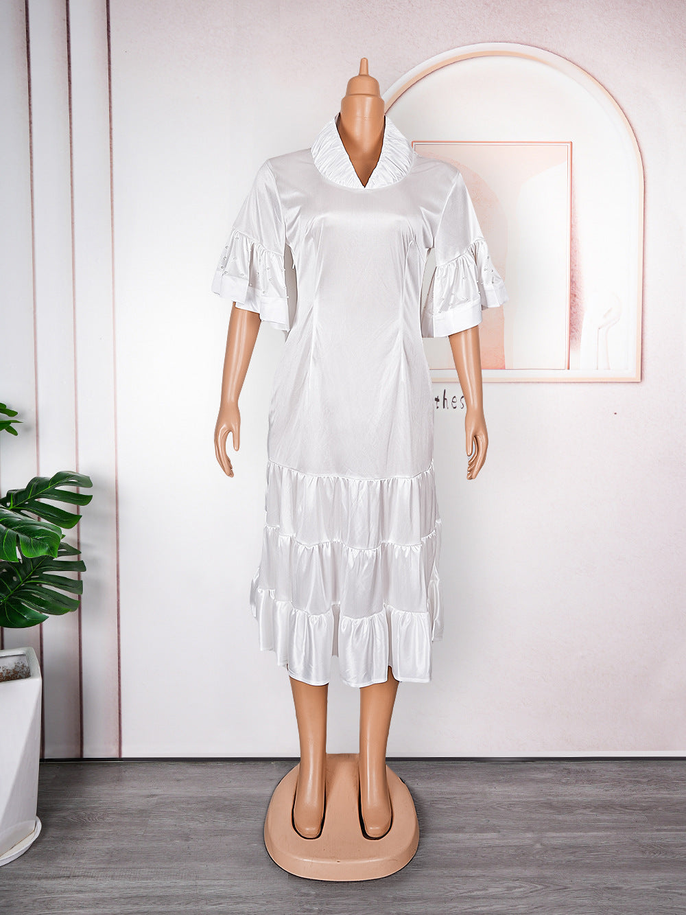 Aliexpress  new european and american cross-border trade african women's plus size five-sleeve pleated ruffle hem dress