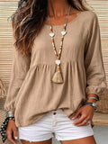 Export holiday style doll textured linen round neck cuff long sleeves pleated hem loose pullover shirt