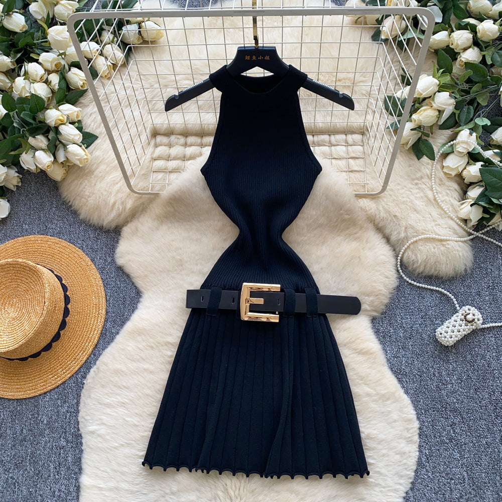 French chic sleeveless knit dress -  summer high-waisted a-line dress - office-ready, slim-fit mini dress