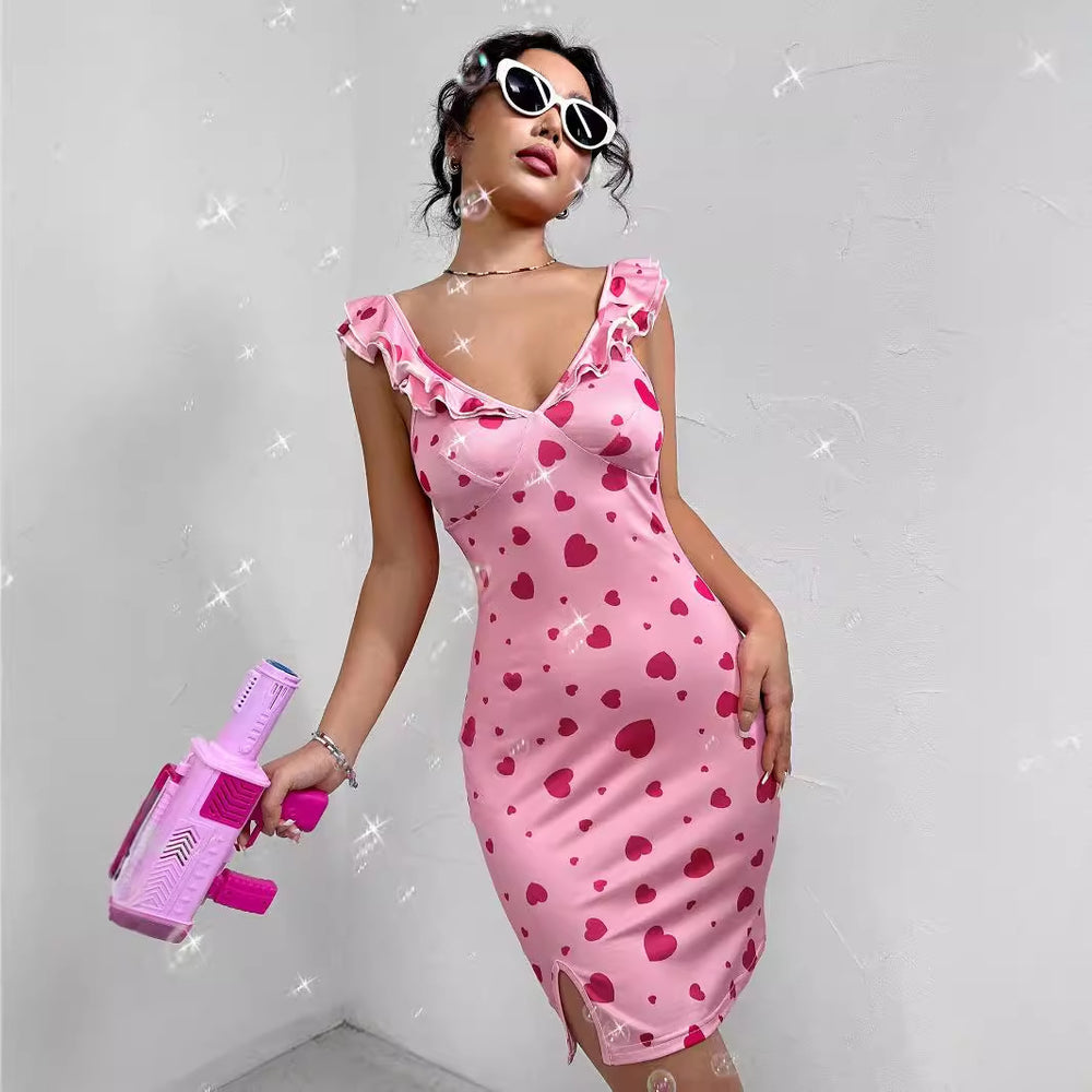 In stock - 53295#  cross-border fashion women's printed elegant sexy ruffle sleeveless dress