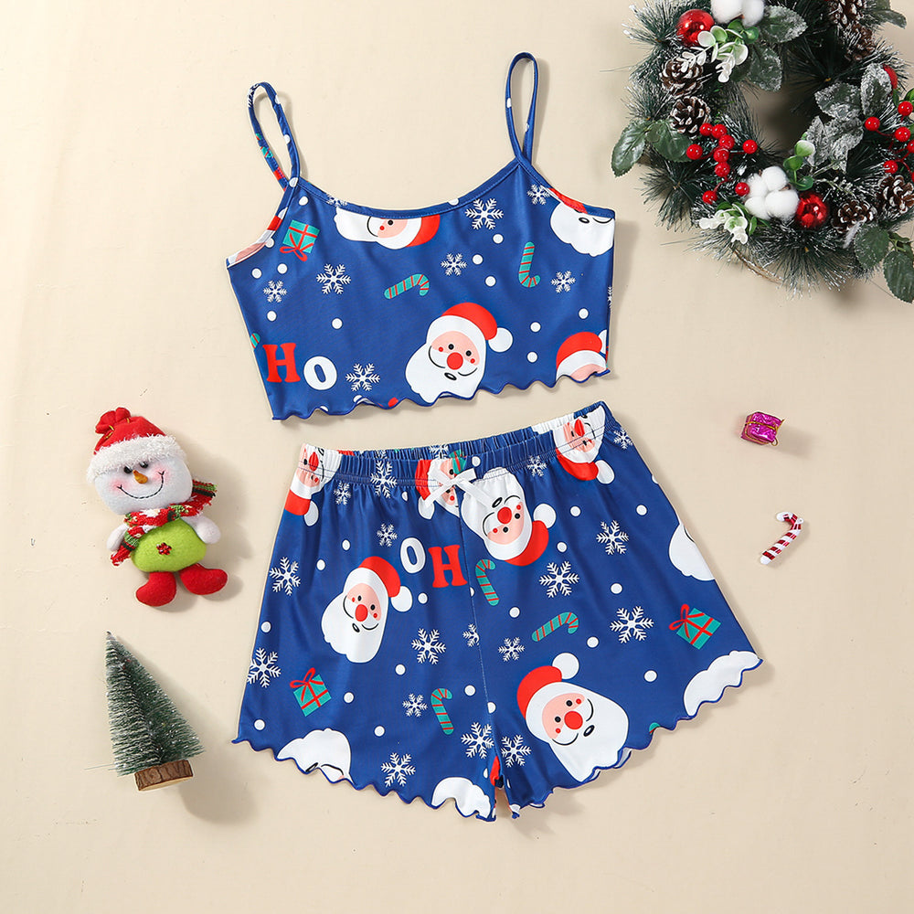 hot-selling christmas european and american style thin pajamas simple printed suspender milk silk shorts sexy two-piece set