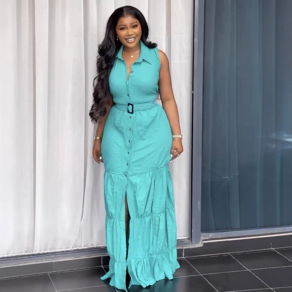 Europe and the United States  new women's clothing lapel cardigan sleeveless solid color temperament long dress with belt