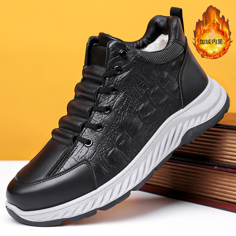 2025 winter men's new collection: fleece-lined, extra-thick casual sneakers, cotton shoes, non-slip, warm, leather upper, chunky sole, dad shoes