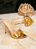 Women's gold fashion high heel sandals - slip-on pointed toe decorated with bow - minimalist high heel sandals
