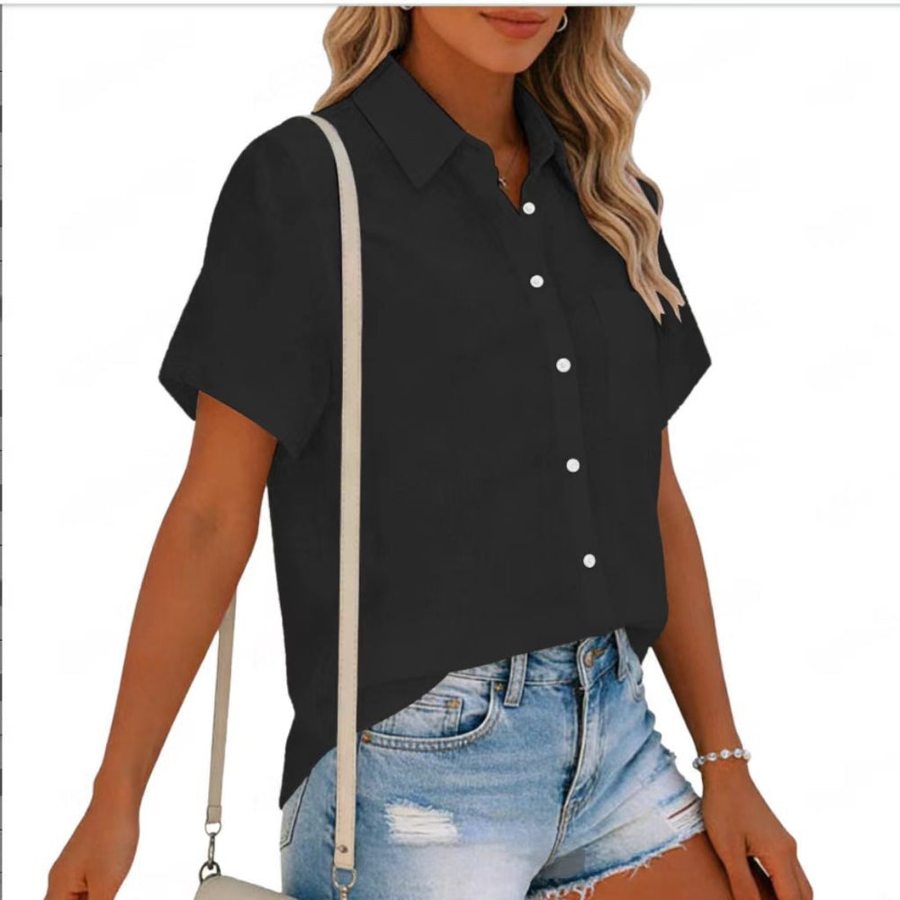 european and american cross-border  summer new arrival: women's solid color cotton linen short-sleeve shirt