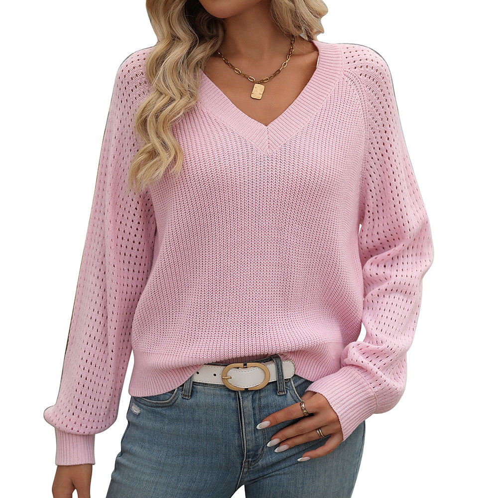 Cross-border European and American  women's clothing 2024 autumn and winter new models,  hollow V-neck long-sleeved fashion sweater women