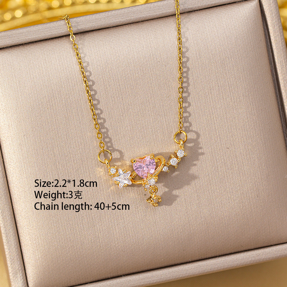 Copper inlaid zirconium four-leaf clover necklace for women, titanium steel real gold plating popularinsfashion flower exquisite sweater chain jewelry