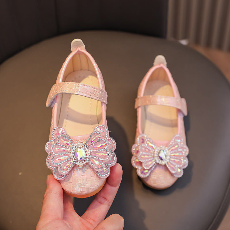 spring/autumn korean style new girls' leather shoes bow princess flats kids' velcro performance dance shoes