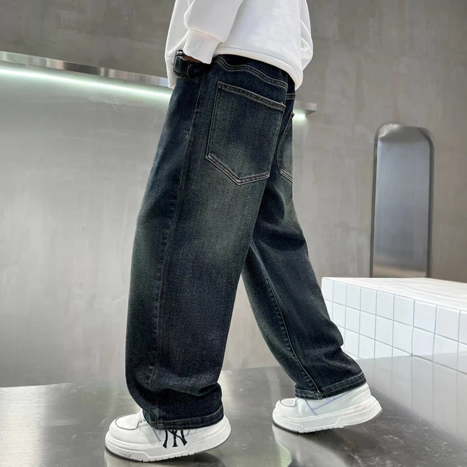 Kids' jeans: new autumn/winter casual, versatile, washed denim, loose fit, korean style, trendy spring/autumn boys' pants for mid-to-large children