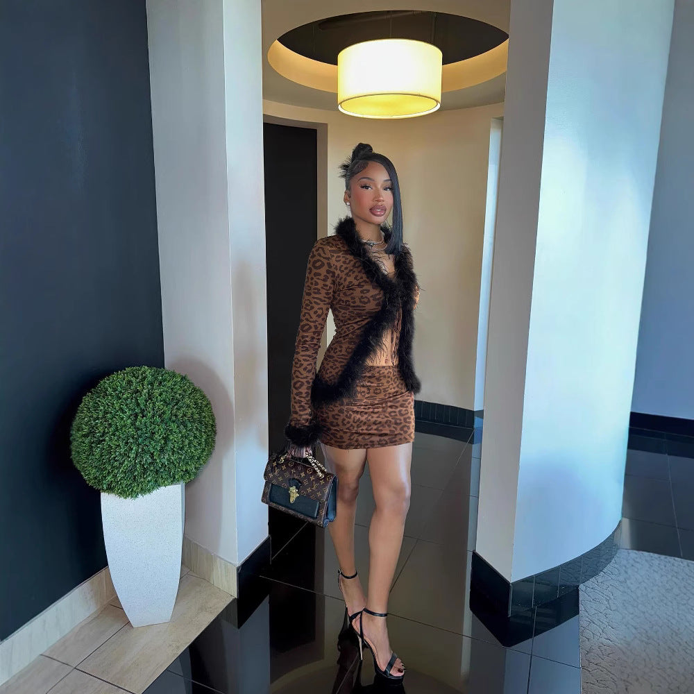 Cross-border fashion and sexy new products, fluffy splicing lace-up cardigan, long-sleeved top, leopard print skirt set, two-piece set.