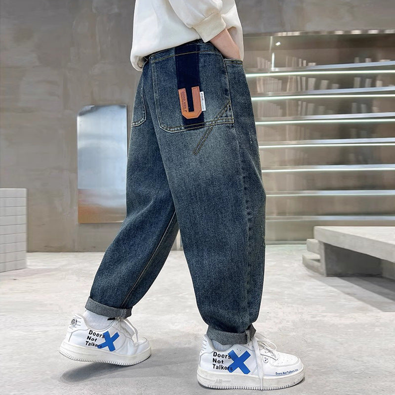 Boys' spring pants: new  denim jeans for spring and autumn, kids' trousers, trendy boys' street style pants, loose fit korean style