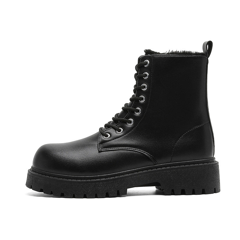 Men's martin boots: british style black high-top leather shoes, new mid-top motorcycle boots, fleece-lined warm height-increasing leather boots